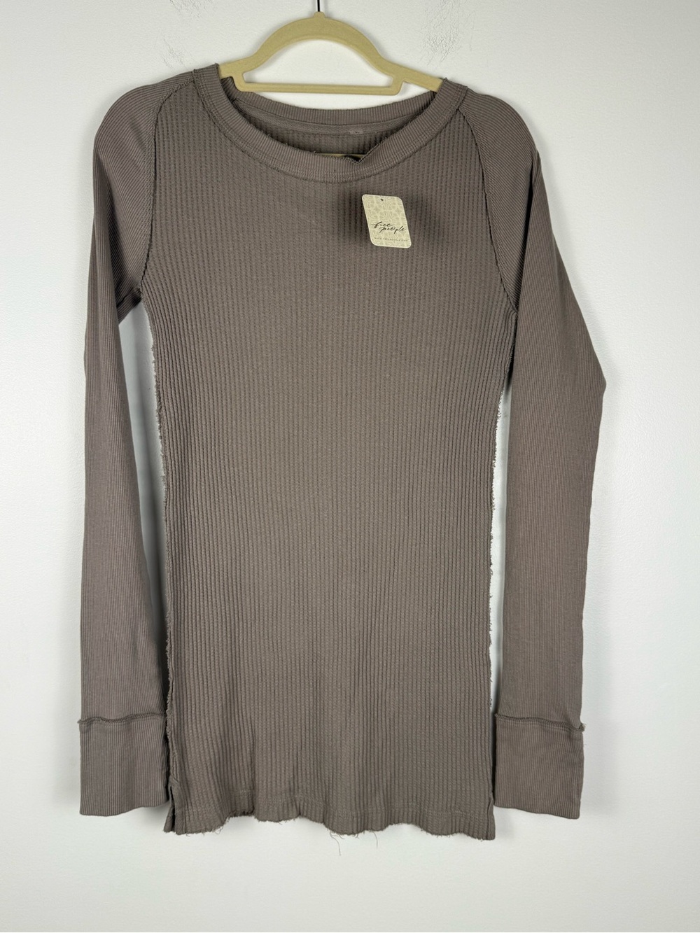 Free People Ribbed Waffle Long Sleeve Top in Taupe brown